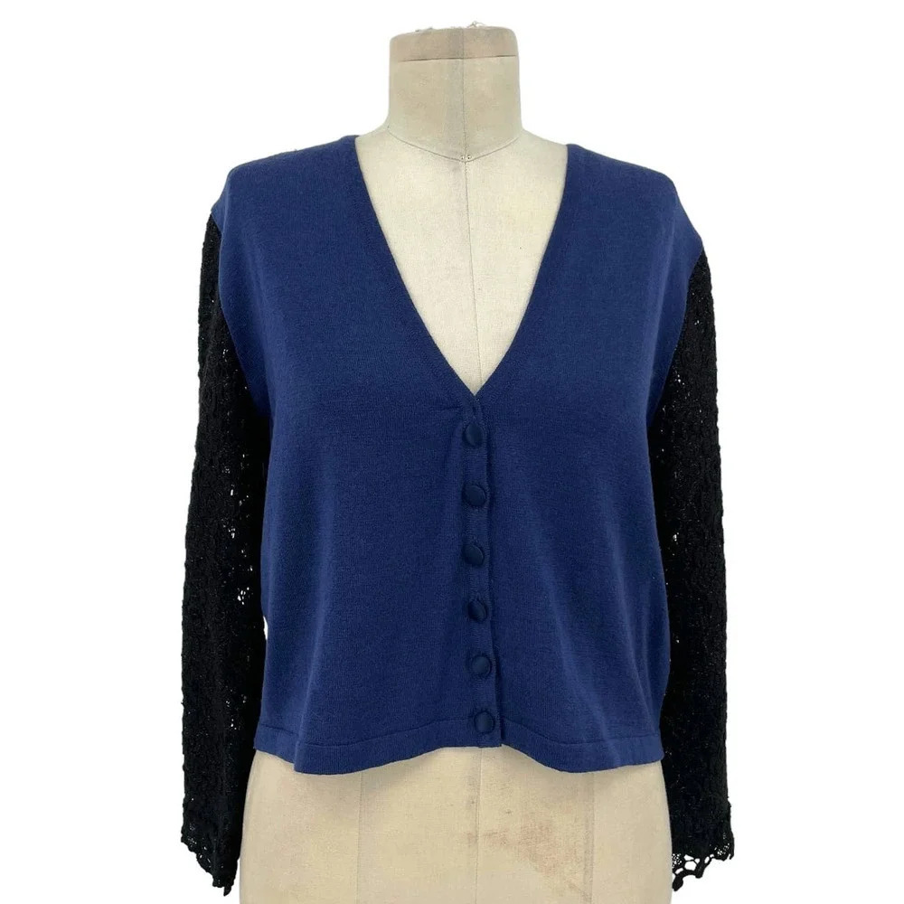 Anna Rachele Black‎ Label Cardigan Sweater Lace Sleeve Knit Blue Size Large